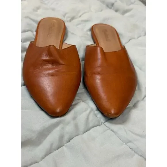 Madewell Camel Leather Remi Flats Mules Slides 9.5 l Brown Tan English Saddle - Picture 3 of 11